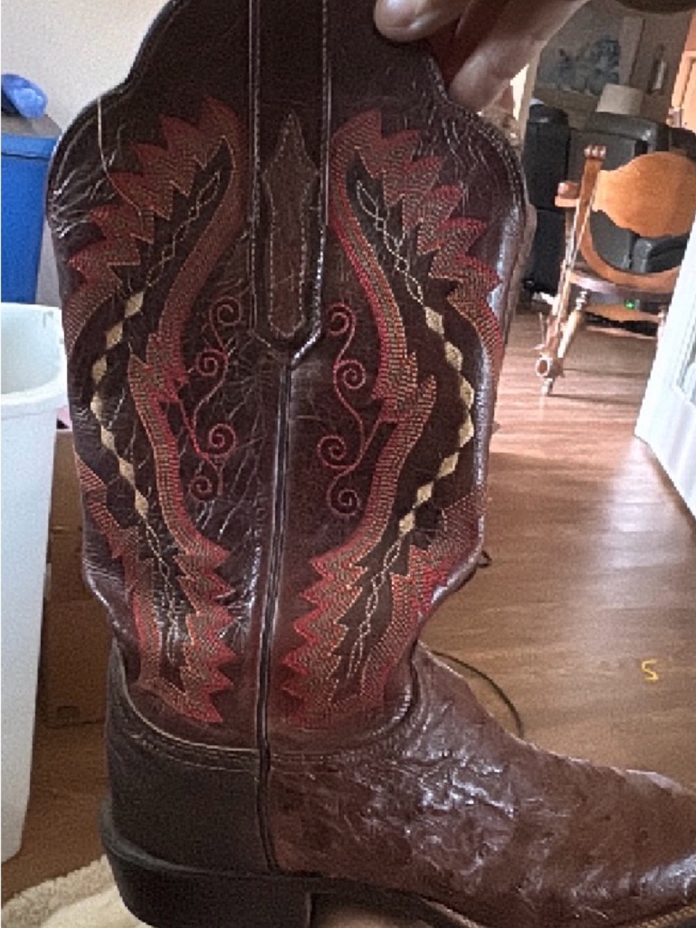Lucchese Brown Leather Full Quill Ostrich Western Heeled Boots & Red Stitching